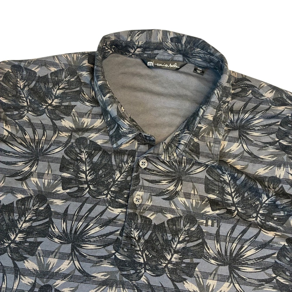TravisMathew Polo Shirt Mens XXXL Grey Black Tropical Palm Leaf‎ Stripe Golf Tee